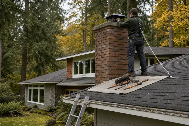 A harnessed technician examining the crown and cap of a brick chimney with a concrete crown on a composition shingle roof from a dry roof; illustrative image