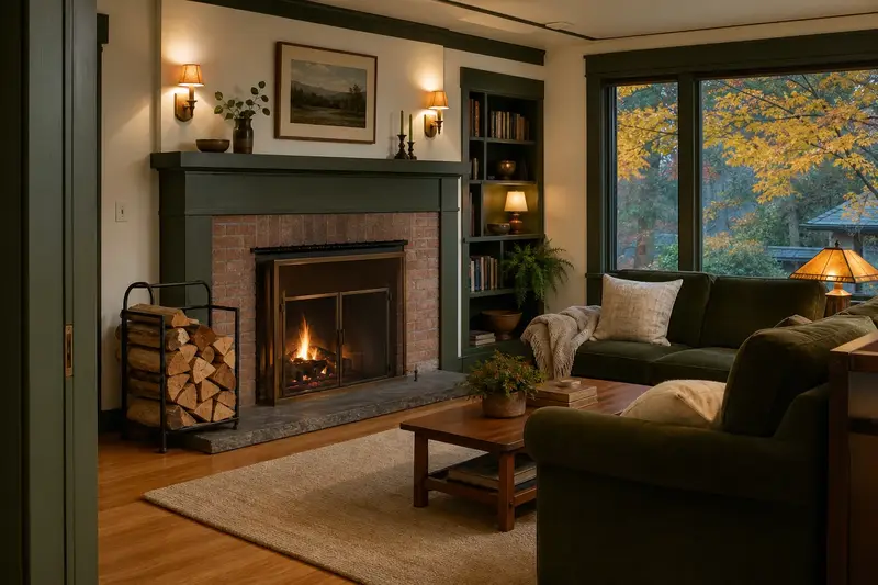 A hearth room with an open masonry wood-burning fireplace, split firewood in a steel rack and a clear hearth; illustrative image