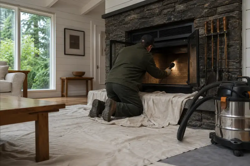 A technician checking the firebox walls of a factory-built wood-burning fireplace with a stone facing with a work light, a drop cloth on the hearth; illustrative image