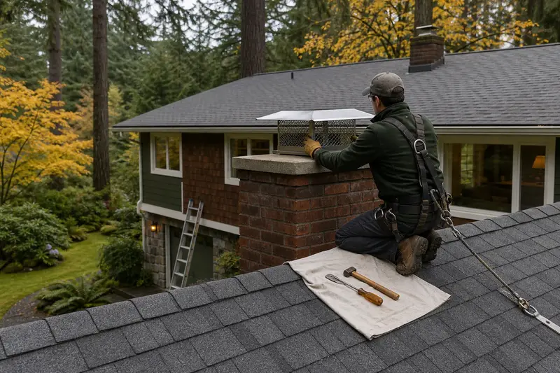 A harnessed technician setting a stainless steel mesh chimney cap onto a brick chimney with a concrete crown on a composition shingle roof; illustrative image