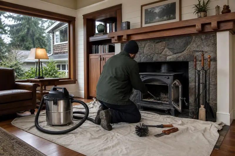 A technician kneeling at a cast-iron wood stove on a stone hearth pad with a sealed vacuum and drop cloths, the fireplace cold and unlit; illustrative image