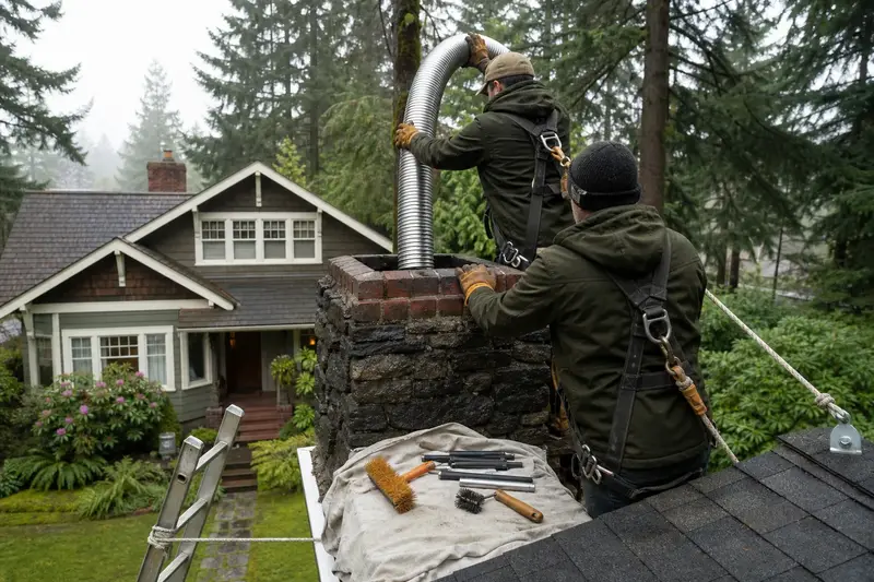 Two harnessed technicians feeding a stainless steel liner into a basalt stone chimney on a steep gable roof from a dry roof; illustrative image