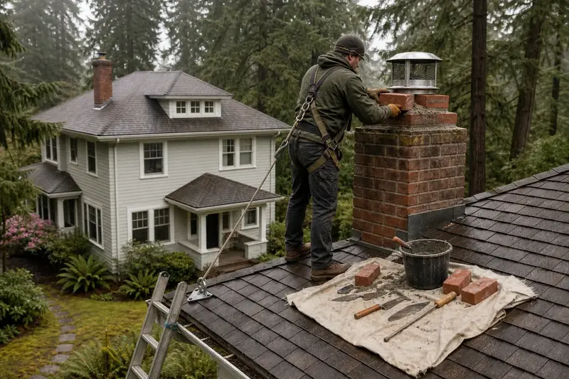 A harnessed mason setting a replacement brick near the top of a brick chimney with a stainless steel cap on a cedar shake roof; illustrative image