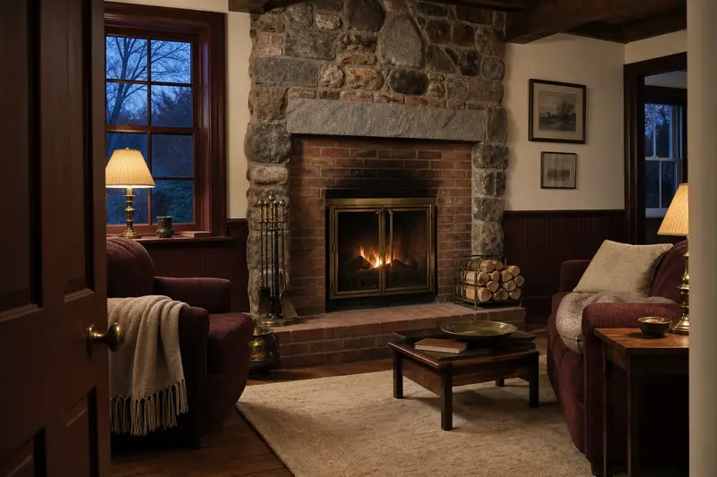 A tidy hearth room with an open masonry wood-burning fireplace, a cleared hearth, fireplace tools and split firewood; illustrative image