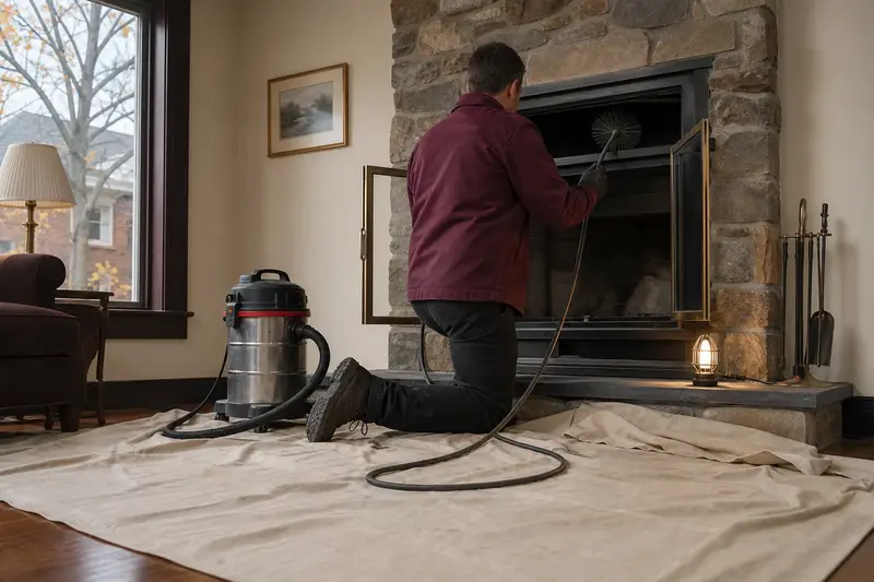 A technician feeding a rotary chimney brush up the flue of a factory-built wood-burning fireplace with a stone facing, drop cloths and a sealed vacuum on the hearth; illustrative image