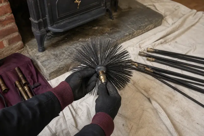 A rotary brush head and flexible rods laid on a canvas drop cloth beside a cast-iron wood stove on a stone hearth pad; illustrative image