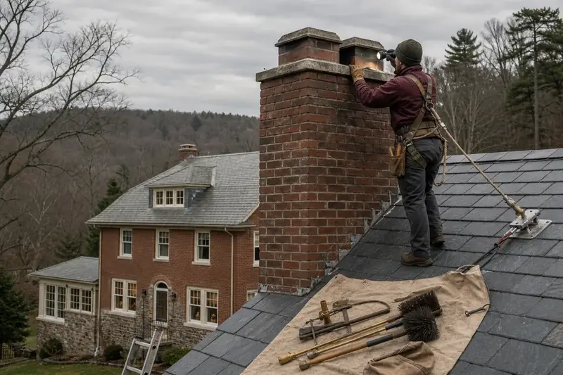 A harnessed technician examining the top of a two-flue brick chimney on a slate roof with a flashlight from a dry roof surface; illustrative image