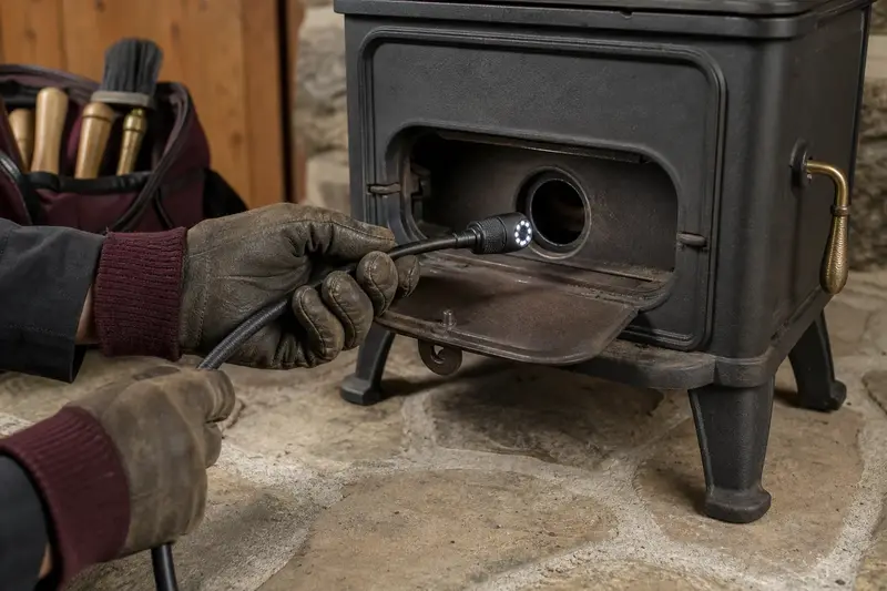 An inspection camera head on a flexible cable at the damper opening of a cast-iron wood stove on a stone hearth pad; illustrative image