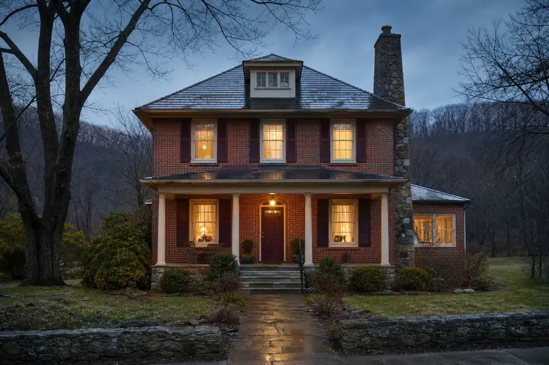 A 1950s brick foursquare house after a cold rain with a stone masonry chimney, wet roofs and clear gutters; illustrative image