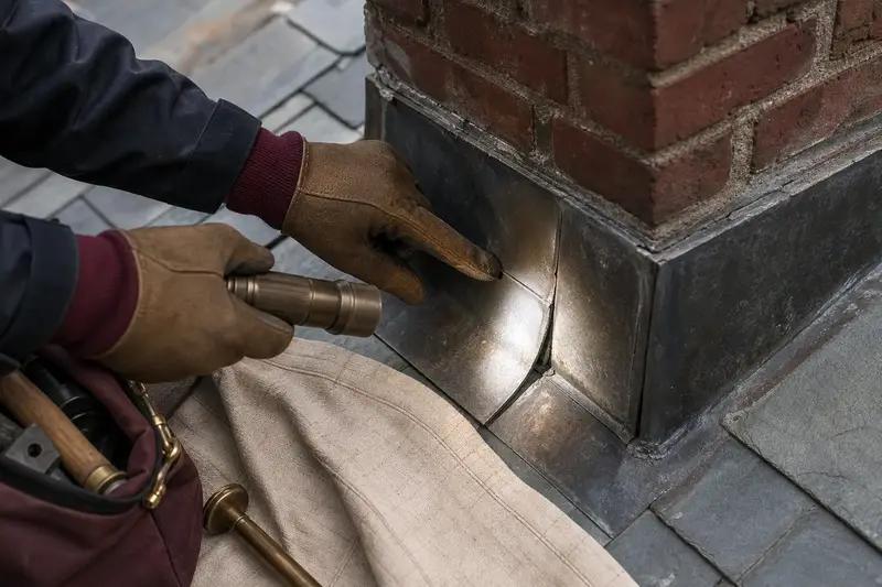 A flashlight tracing a leak path at chimney flashing, seen up close; illustrative image