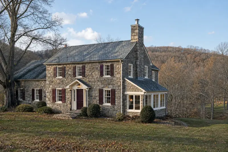 A 1950s stone farmhouse with a stone masonry chimney fitted with a stainless steel liner cap; illustrative image