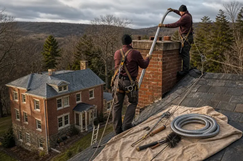 Two harnessed technicians feeding a stainless steel liner into a tall brick chimney on a steep gable roof from a dry roof; illustrative image