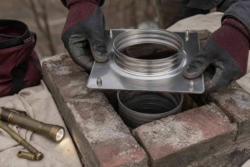 Gloved hands fitting a stainless steel liner top plate at a flue opening; illustrative image