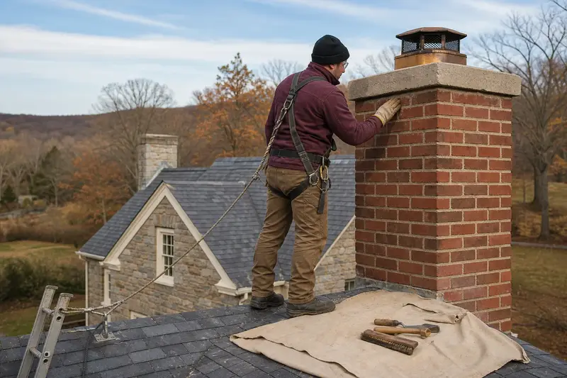 A harnessed mason examining the brickwork of a red brick chimney with a concrete crown with a gloved hand; illustrative image