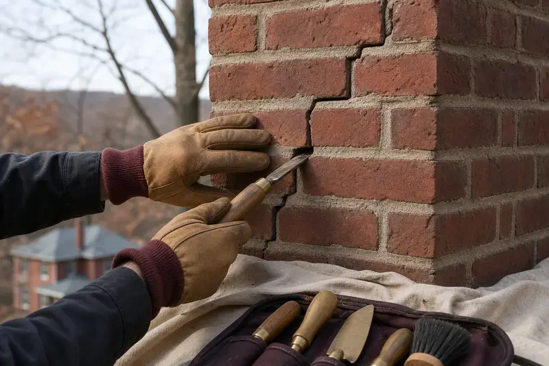 A stepped crack through mortar joints on a brick chimney, seen up close; illustrative image