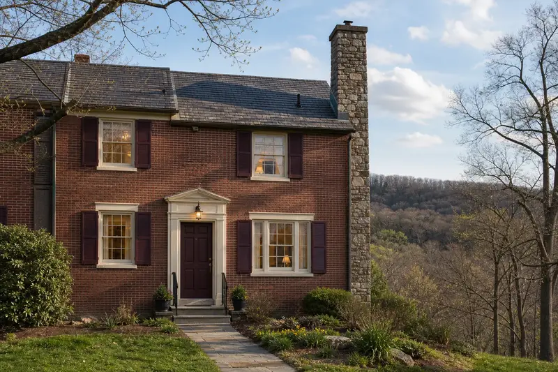 A 1950s brick rowhouse with a stone masonry chimney and neat, even mortar joints; illustrative image