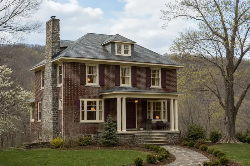 A 1950s brick foursquare house with a stone masonry chimney and neat mortar joints; illustrative image