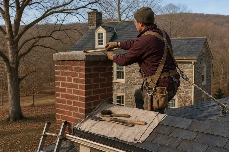 A harnessed mason measuring the crown of a red brick chimney with a concrete crown with a folding rule; illustrative image