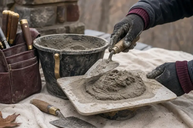 A mortar hawk, trowels and a bucket of mixed mortar set on a roof work platform; illustrative image