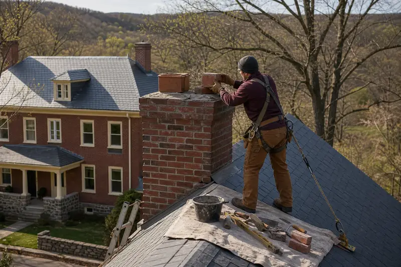 A harnessed mason setting a replacement brick near the top of a two-flue brick chimney on a slate roof; illustrative image