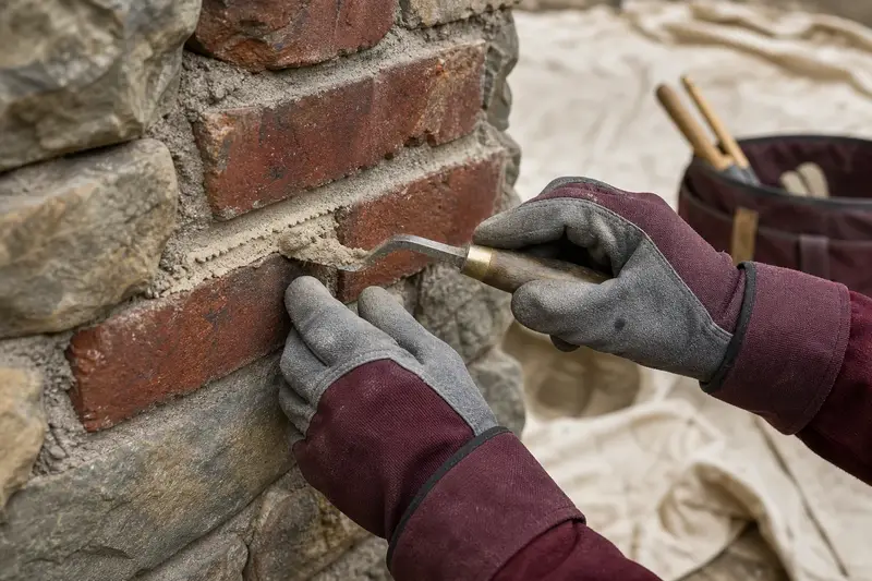 Gloved hands pressing fresh mortar into a raked joint with a tuckpointing trowel; illustrative image