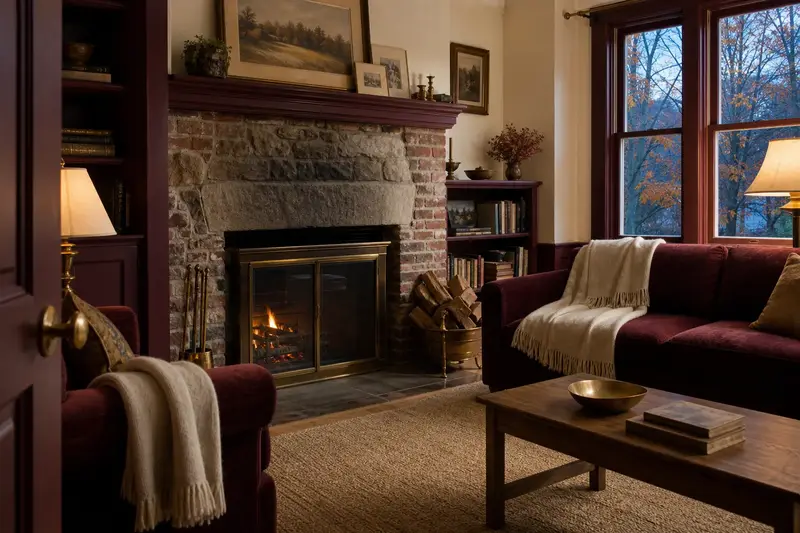A lived-in family room with an open masonry wood-burning fireplace, seasoned firewood and wool throws; illustrative image