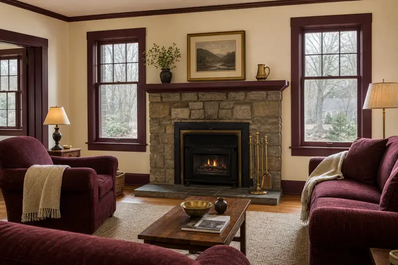 A restored hearth room with a factory-built wood-burning fireplace with a stone facing, a clean hearth and brass fireplace tools; illustrative image