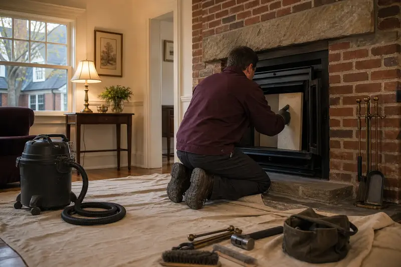 A technician fitting a refractory panel into the firebox of a wood-burning insert in a brick opening, the fireplace cold and unlit; illustrative image