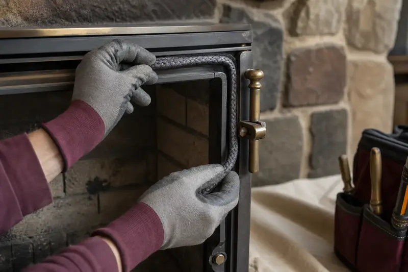 Gloved hands fitting new gasket rope along a fireplace door frame; illustrative image
