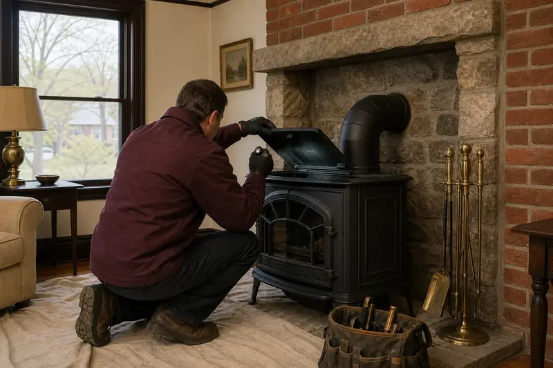 A technician checking the damper of a freestanding gas stove with a flashlight before the heating season, the fireplace cold; illustrative image