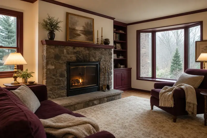 A calm sitting room with a factory-built wood-burning fireplace with a stone facing, a clear hearth and fireplace tools on a stand, no one present; illustrative image