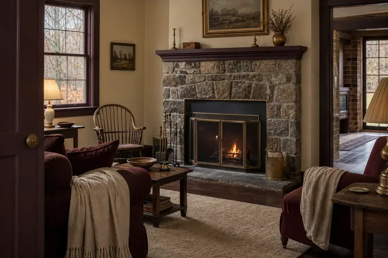 A living room with a factory-built wood-burning fireplace with a stone facing and a small fire behind a screen, no one present; illustrative image