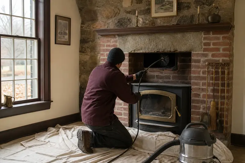A technician feeding a rotary chimney brush up the flue of a wood-burning insert in a brick opening, drop cloths and a sealed vacuum on the hearth; illustrative image
