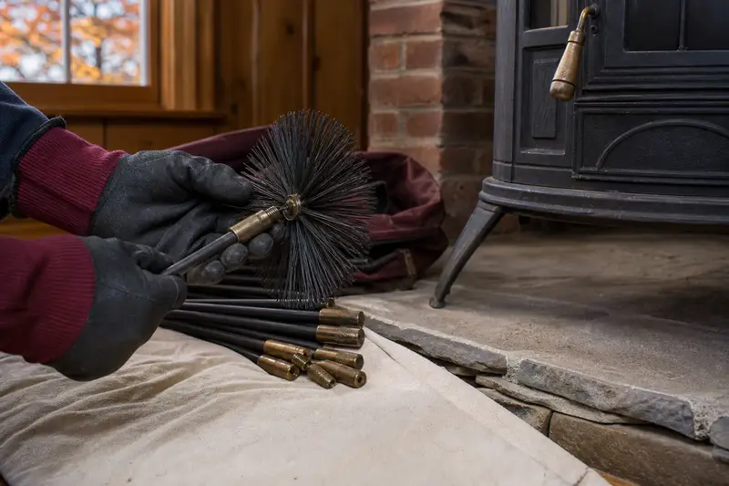 A rotary brush head and flexible rods laid on a canvas drop cloth beside a cast-iron wood stove on a stone hearth pad; illustrative image