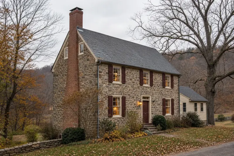 A 1950s stone farmhouse in soft daylight with a tall brick chimney on a steep gable roof standing clear above the roofline; illustrative image
