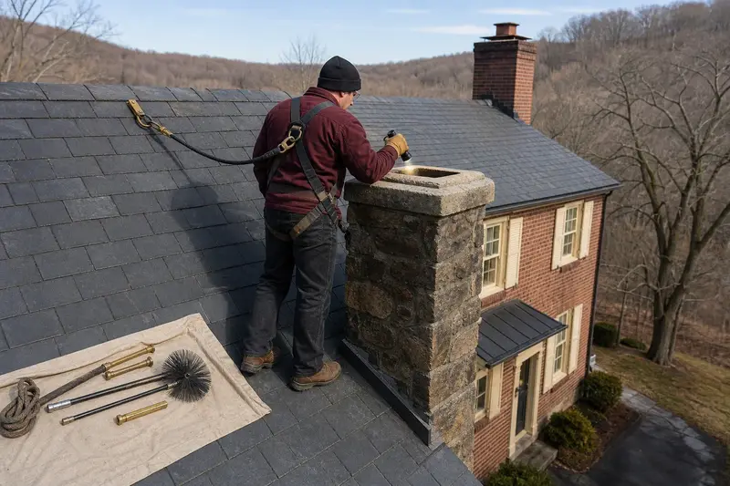 A harnessed technician examining the top of a stone masonry chimney with a flashlight from a dry roof surface; illustrative image