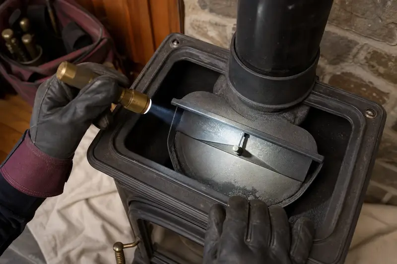A flashlight beam across the smoke chamber and damper of a cast-iron wood stove on a stone hearth pad, a gloved hand holding the light; illustrative image