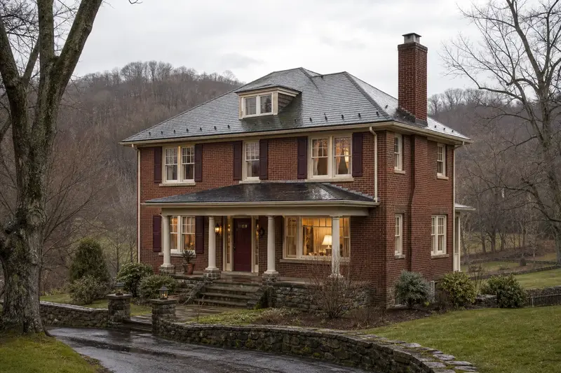 A 1950s brick foursquare house after a cold rain with a red brick chimney with a concrete crown, wet roofs and clear gutters; illustrative image