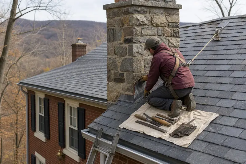 A harnessed technician checking the step flashing where a stone masonry chimney meets the roof; illustrative image