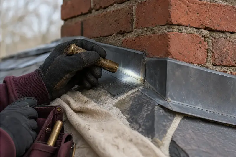A flashlight tracing a leak path at chimney flashing, seen up close; illustrative image