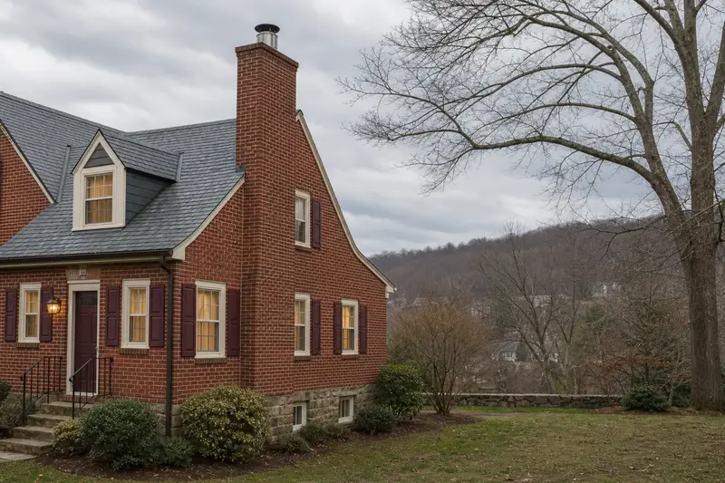 A 1950s brick rowhouse with a tall brick chimney on a steep gable roof fitted with a stainless steel liner cap; illustrative image