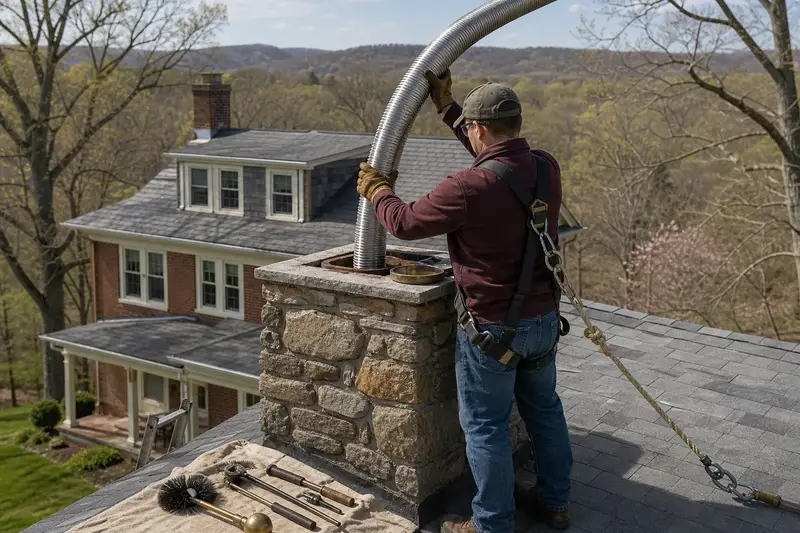 A harnessed technician guiding a flexible stainless steel liner down into the flue at the top of a stone masonry chimney; illustrative image