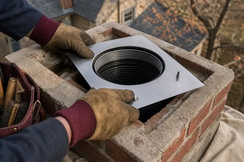 Gloved hands fitting a stainless steel liner top plate at a flue opening; illustrative image