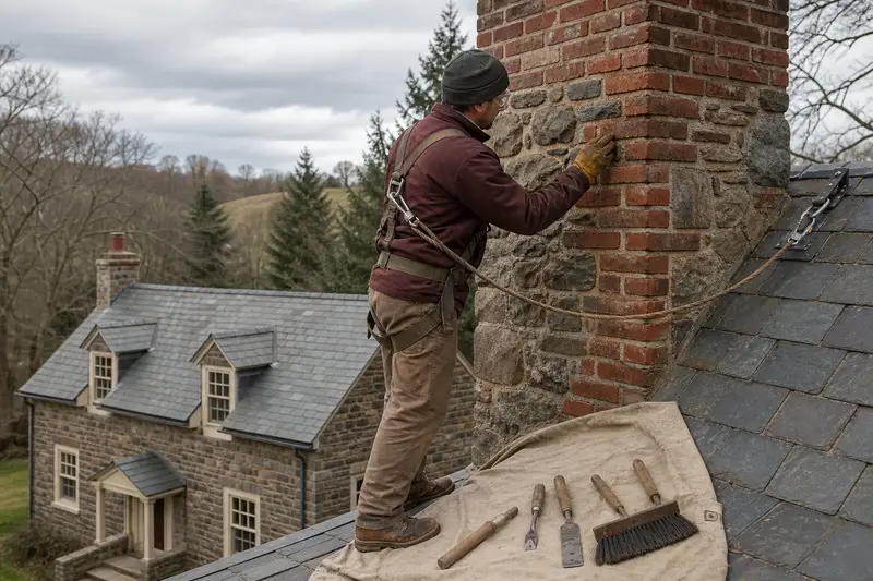 A harnessed mason examining the brickwork of a stone masonry chimney with a gloved hand; illustrative image