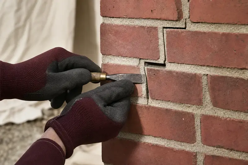 A stepped crack through mortar joints on a brick chimney, seen up close; illustrative image