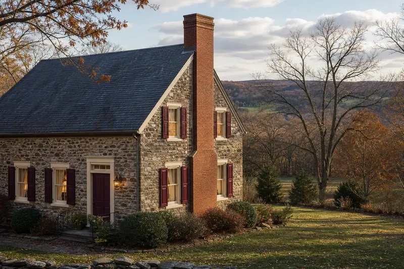 A 1950s stone farmhouse with a tall brick chimney on a steep gable roof and neat mortar joints; illustrative image