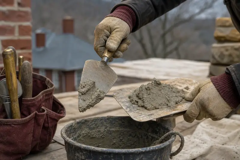 A mortar hawk, trowels and a bucket of mixed mortar set on a roof work platform; illustrative image