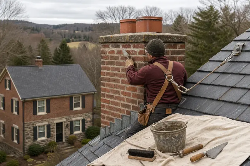 A harnessed mason repointing mortar joints on a two-flue brick chimney on a slate roof with a pointing trowel; illustrative image