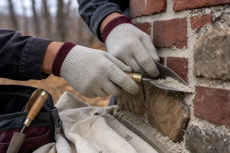 Gloved hands pressing fresh mortar into a raked joint with a tuckpointing trowel; illustrative image
