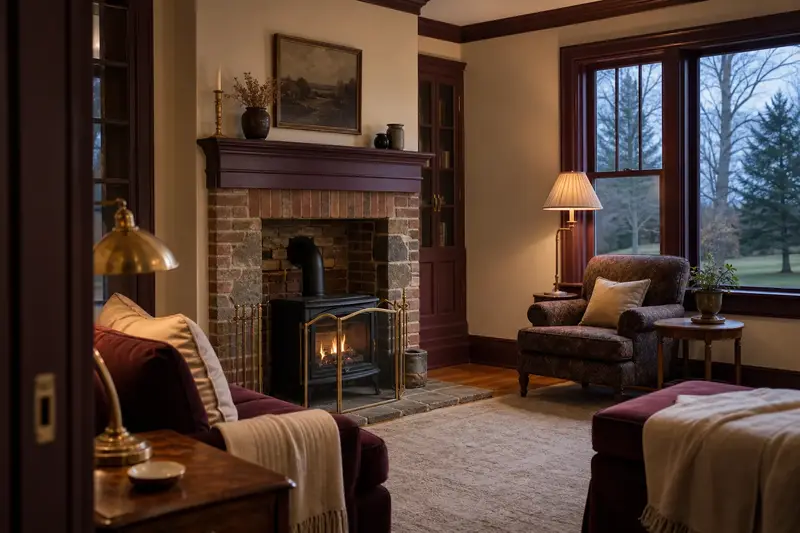 A quiet hearth room with a freestanding gas stove and a garden view through the windows; illustrative image